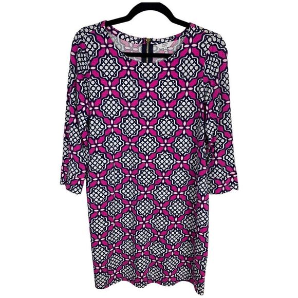 Crown & Ivy Dress Womens Size Small Pink Blue White Geometric Pattern 3/4 Sleeve - Picture 1 of 9